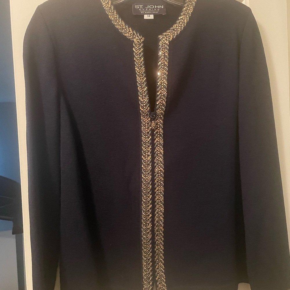 St. John Evening navy blue sweater jacket with gold trim. Matching St.John skirt
